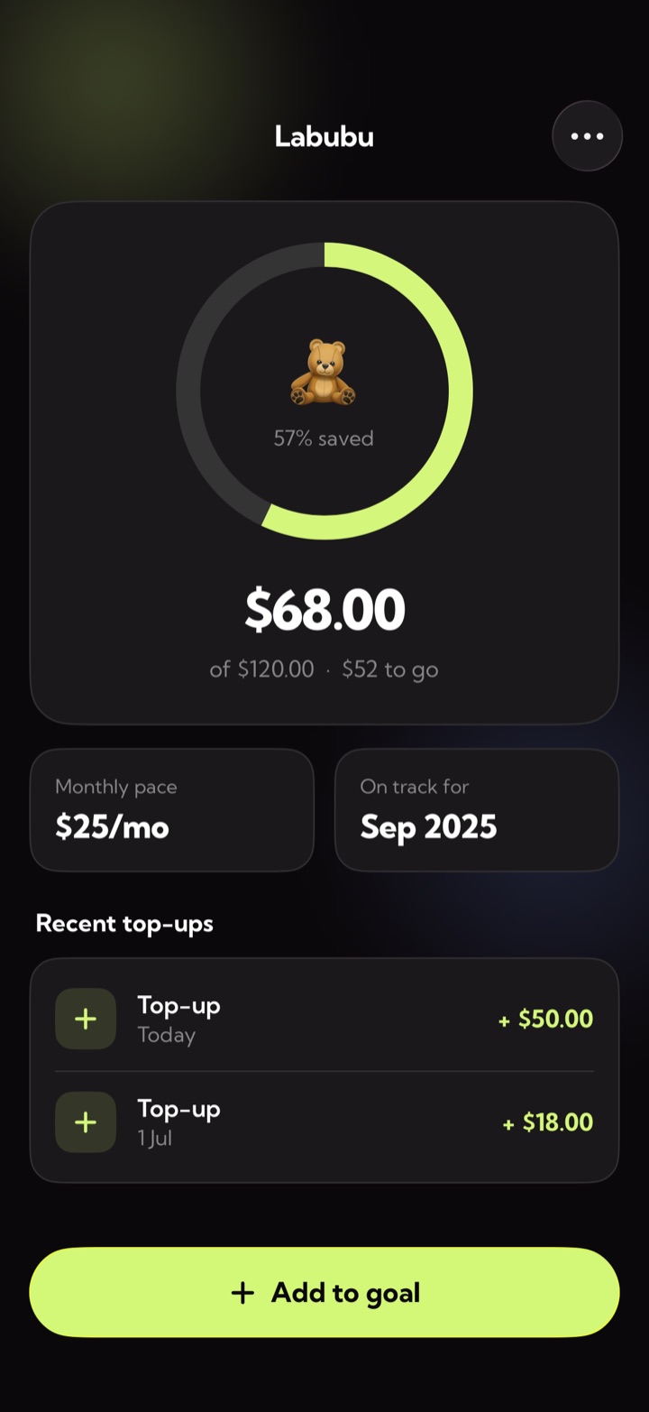 A goal screen showing $68 of $120 saved, a $25 monthly pace and an expected finish of September 2025.