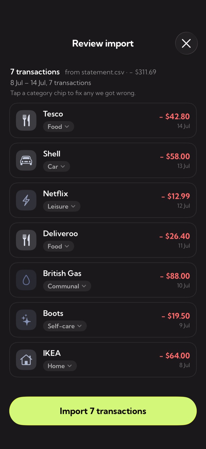 The Review import screen with seven transactions, each with an editable category.